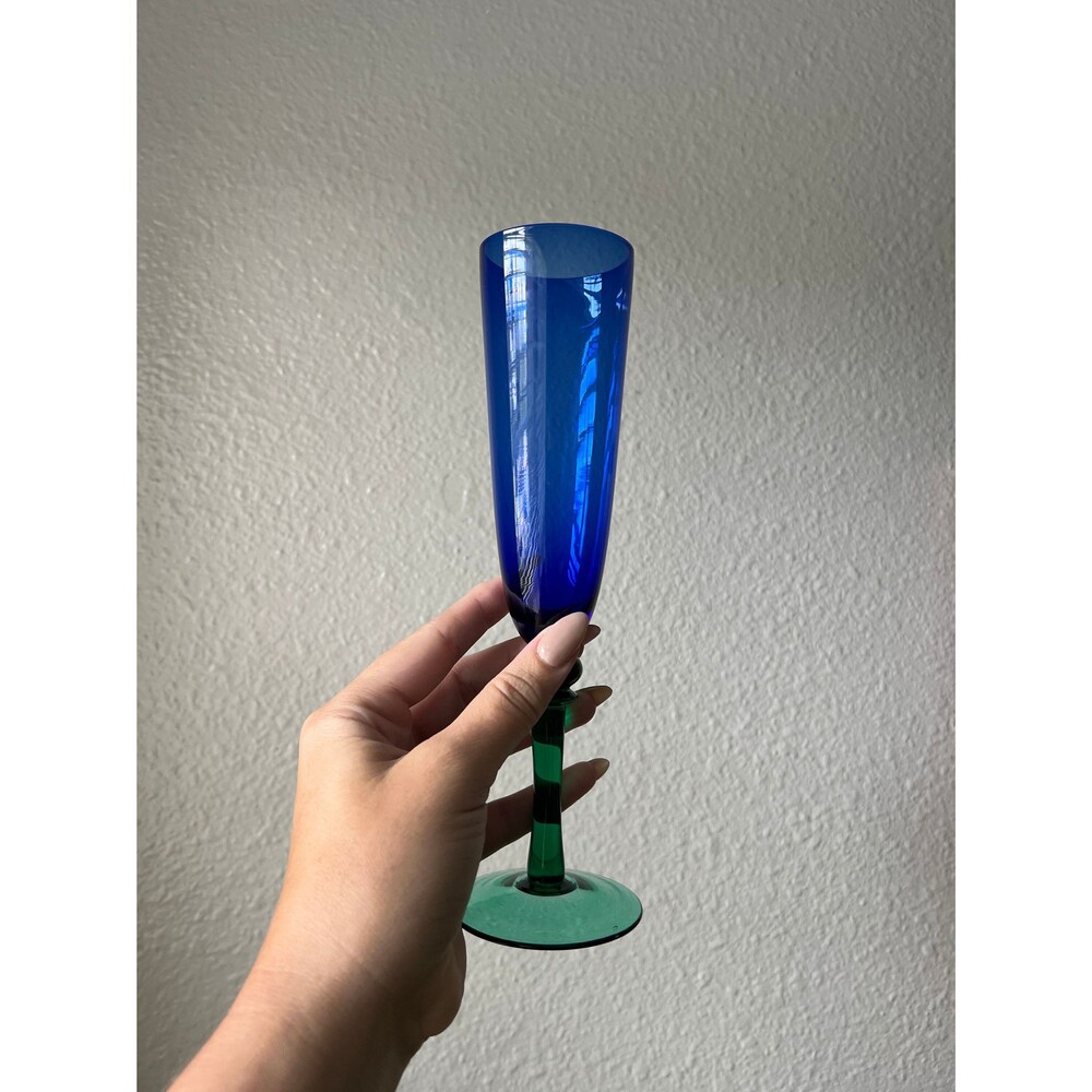 Vintage Handblown Cobalt Blue & Emerald Green Champagne Flute